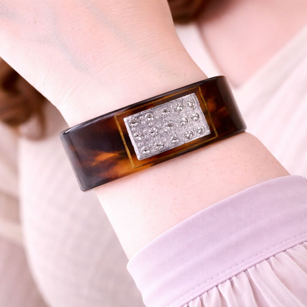 Faux Tortoise Shell Rhinestone Cuff Bracelet - Picture 7 of 7